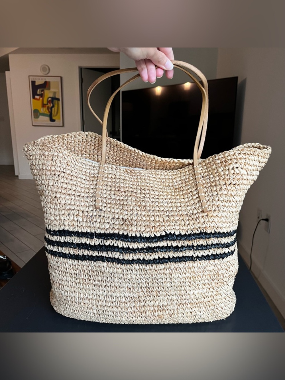 Hat Attack Luxe Stripe Tote 100% Raffia Natural/Black LARGE Summer Beach Boho - Picture 4 of 12